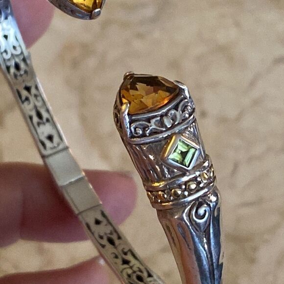 Vintage 18K & 925 Sterling Silver Citrine & Peridot Unisex Cuff Bracelet - Picture 7 of 11